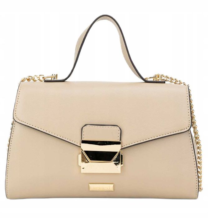 Monnari Elegancka Torebka Damska Kuferek Na Ramię Skóra Beżowa Logo