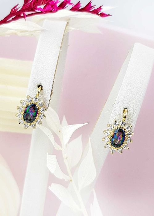 Złote kolczyki rozetki z mistycznym topazem pr. 585