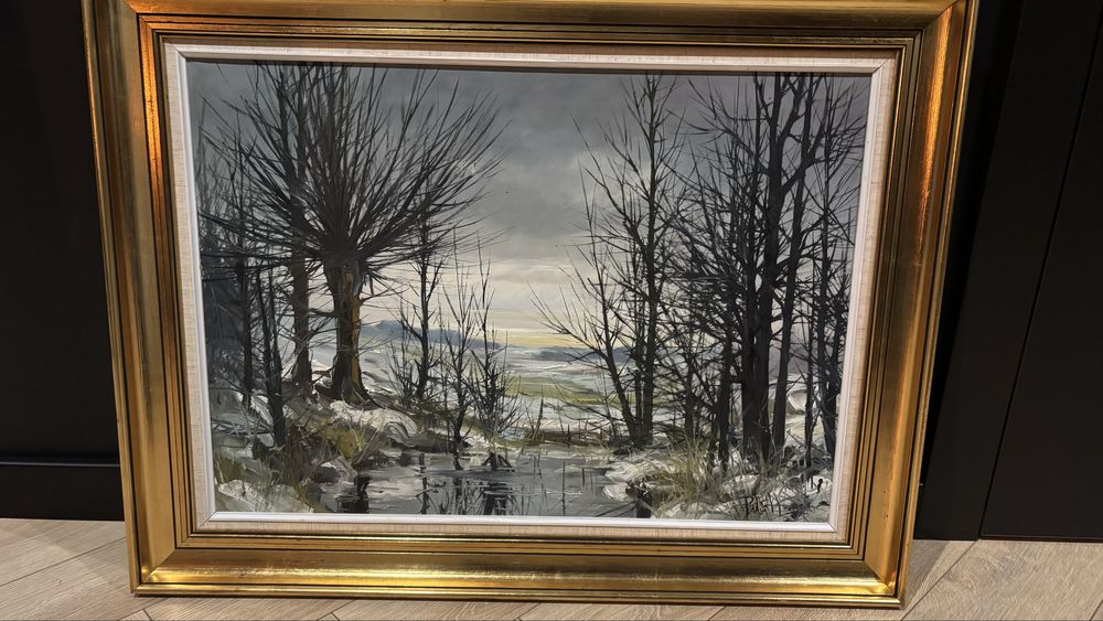 Obraz olejny w drewnianej ramie .