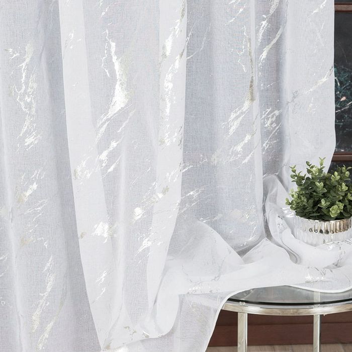 Firana gotowa marmur firanka z etaminy 235x350cm biała srebrny nadruk