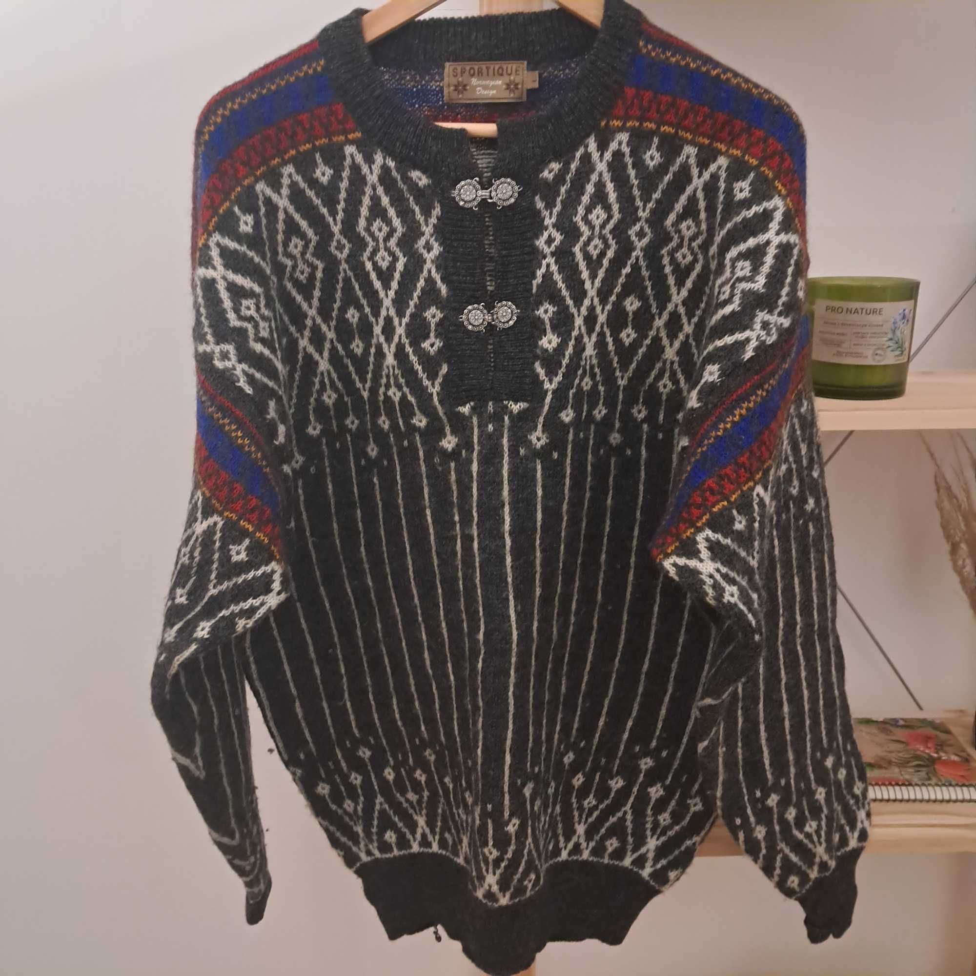 Piekny wełniany norweski vintage sweter 100% wełna unisex L