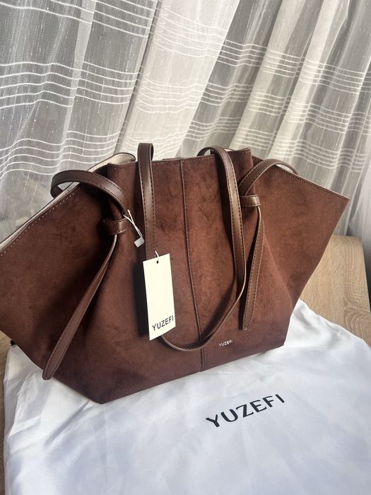 Сумка замшева шоколадна, чорна, велика