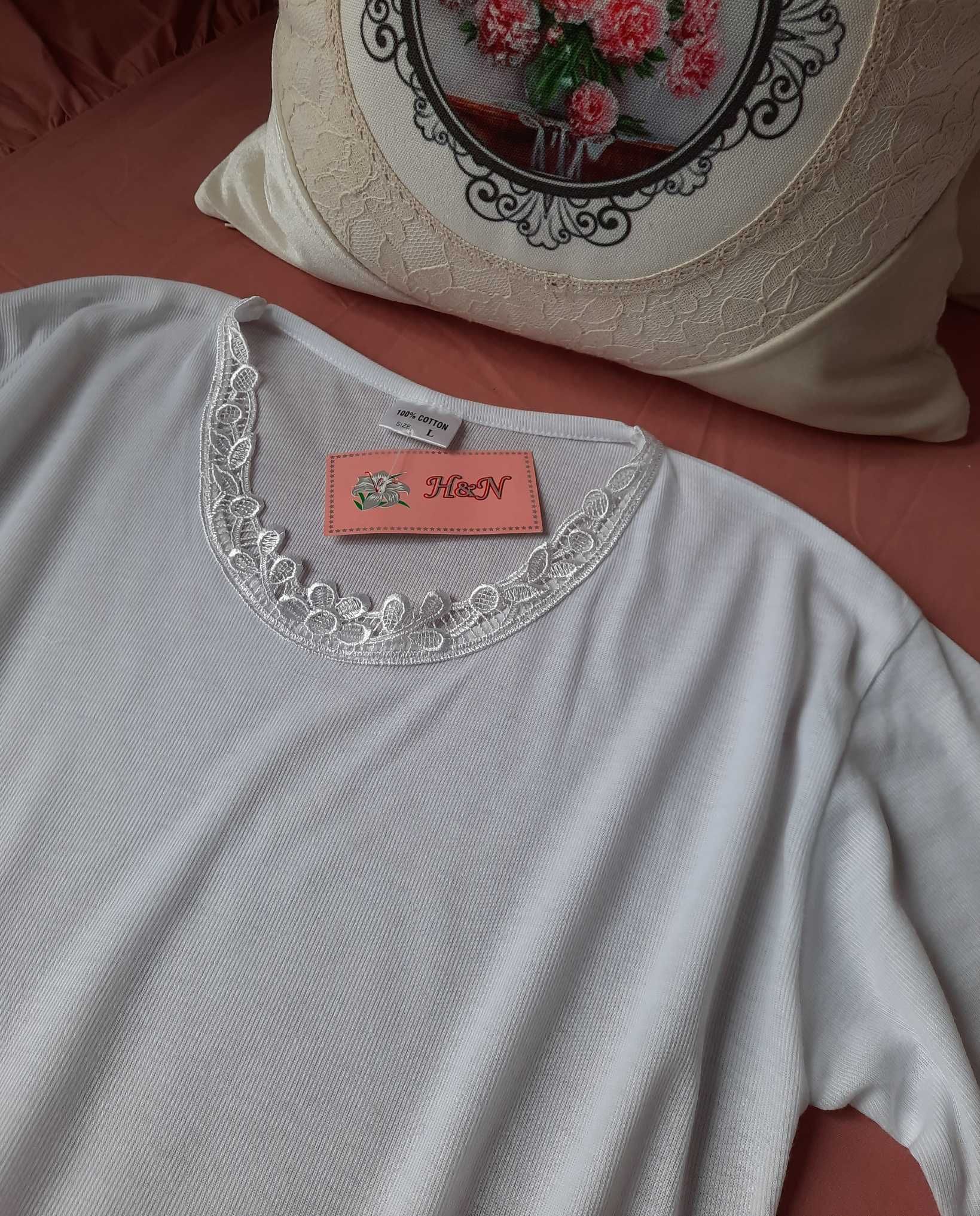 Biała z koronką Bawełna koszulka bluzka t-shirt bielizna L M/L