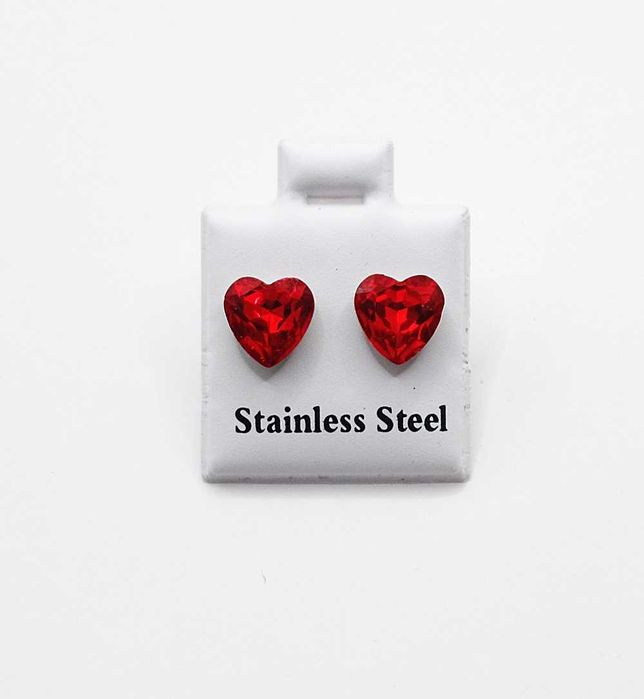 Kolczyki kryształowe serca czerwone wkrętki 3D stal chirurgiczna H669