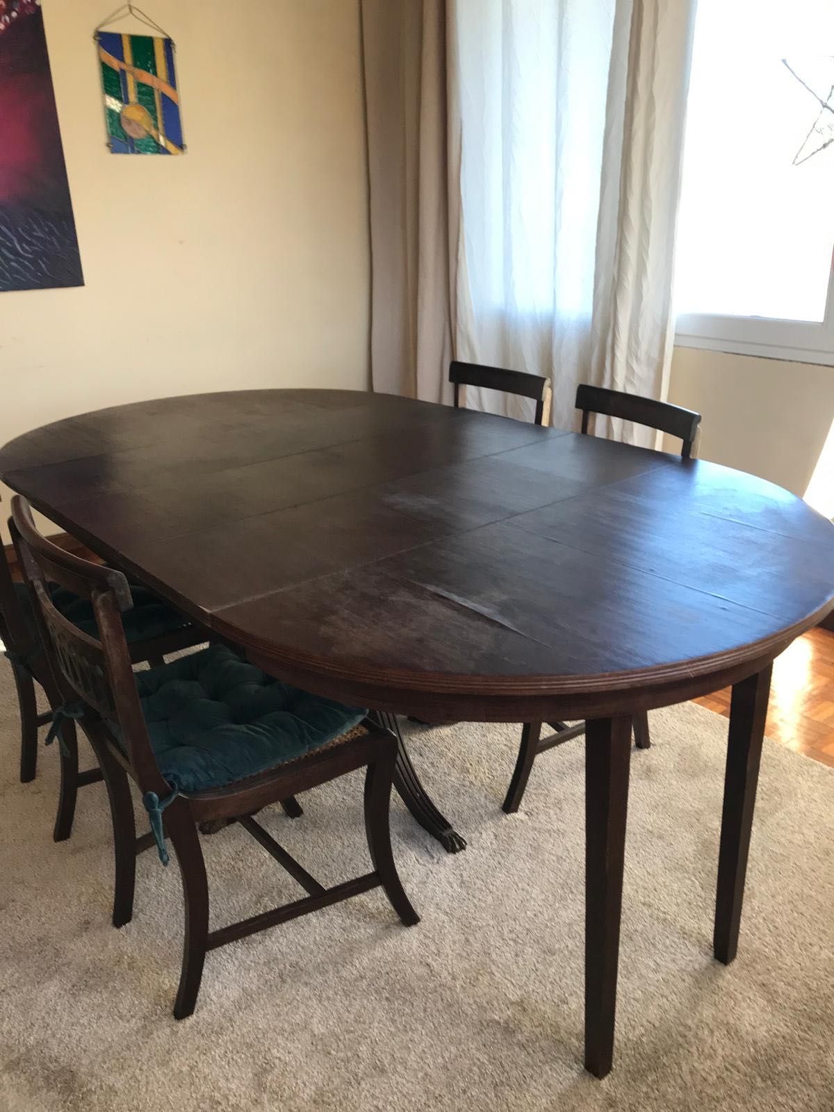 Mesa madeira Nogueira + 6 cadeiras