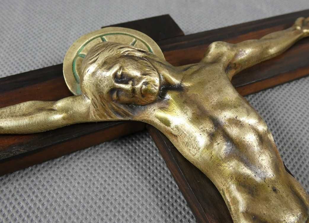 Krucyfiks krzyż Art Deco drewno brąz 27,5cm pasyjka JEZUS HARTMANN