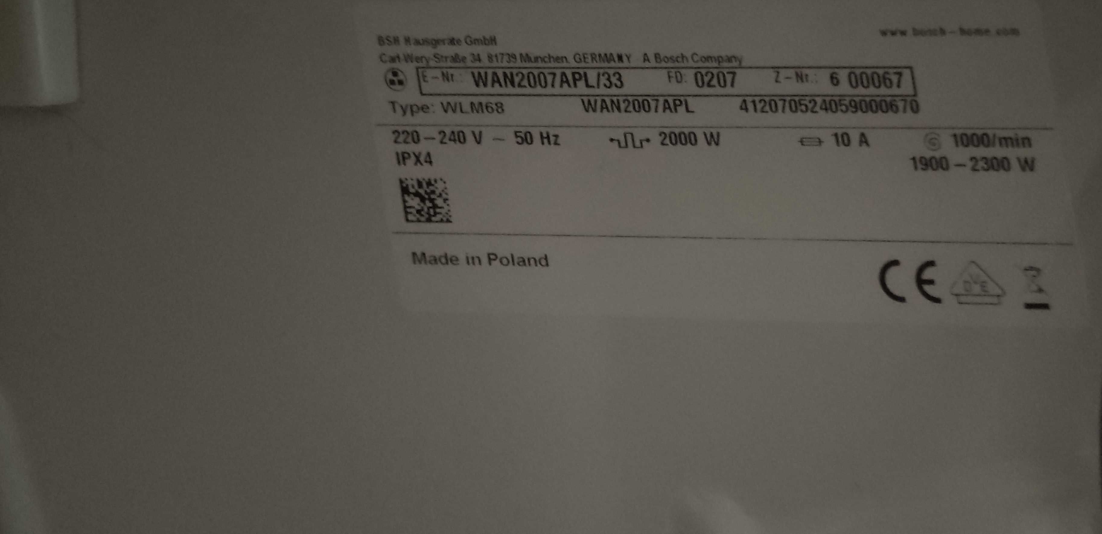BOSCH pralka WAN 2007 APL 1000 obrotów