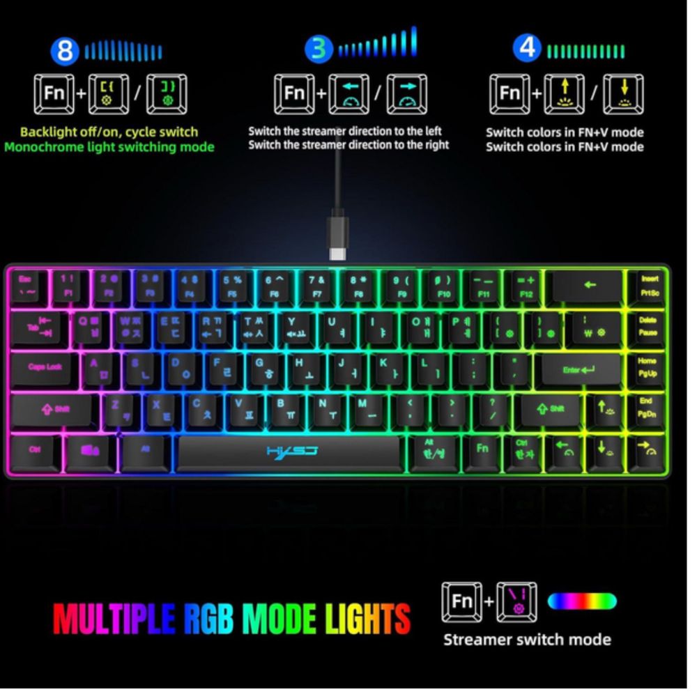HXSJ V200 Black Міні-ігрова дротова клавіатура з підсвіткою K68 RGB
