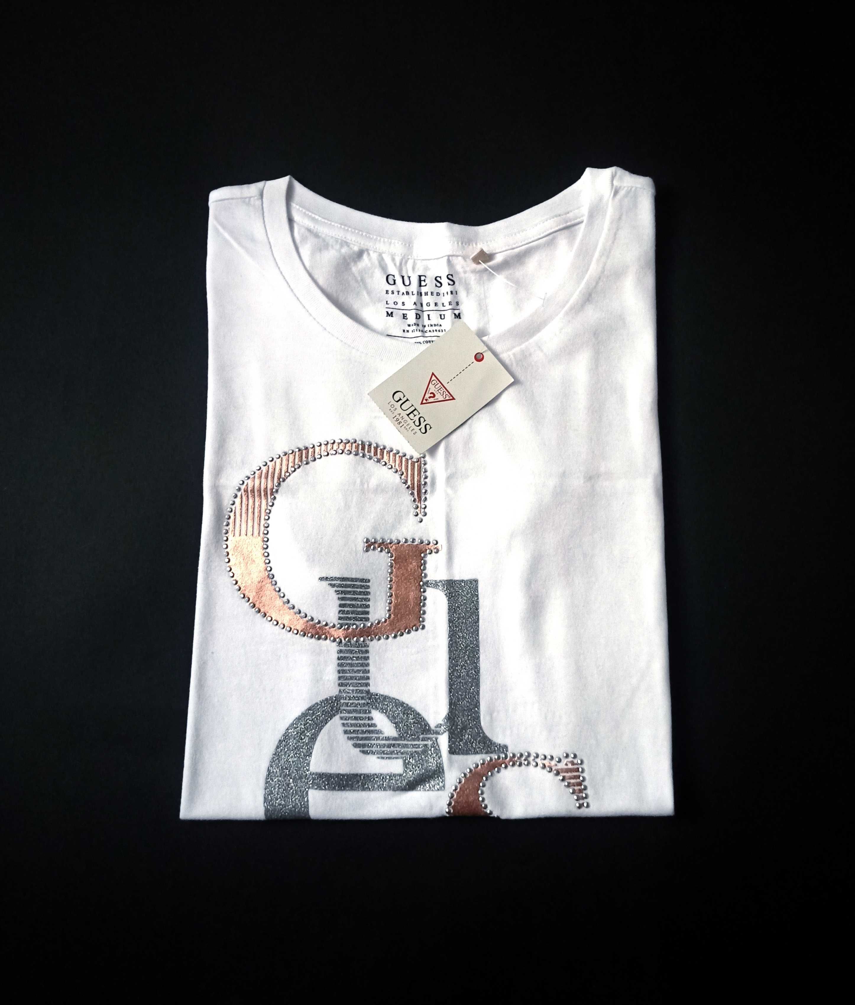 GUESS Oryginalna! Koszulka Bluzka T-Shirt Bialy Rose Zloty Srebrny