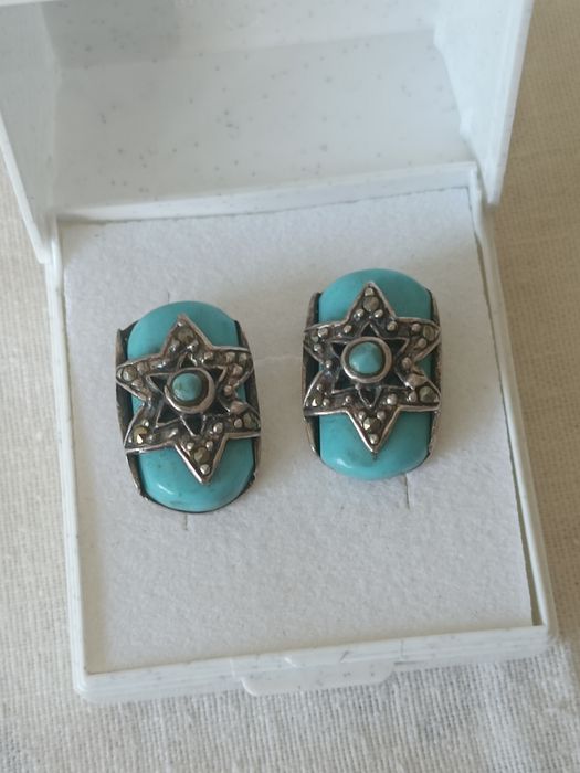 Серьги старинные.Серебро,бирюза, марказиты.Вес 10 грамм