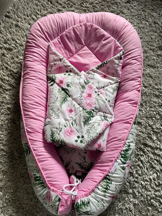 Komplet 3w1 kokon niemowlęcy rożek różowy Minky&Bawełna Kwiaty Babymam