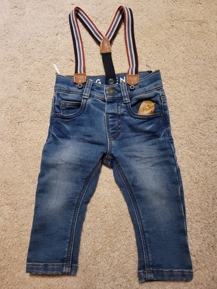 Nowe jeansy z szelkami, C&A, rozmiar 74, lisek