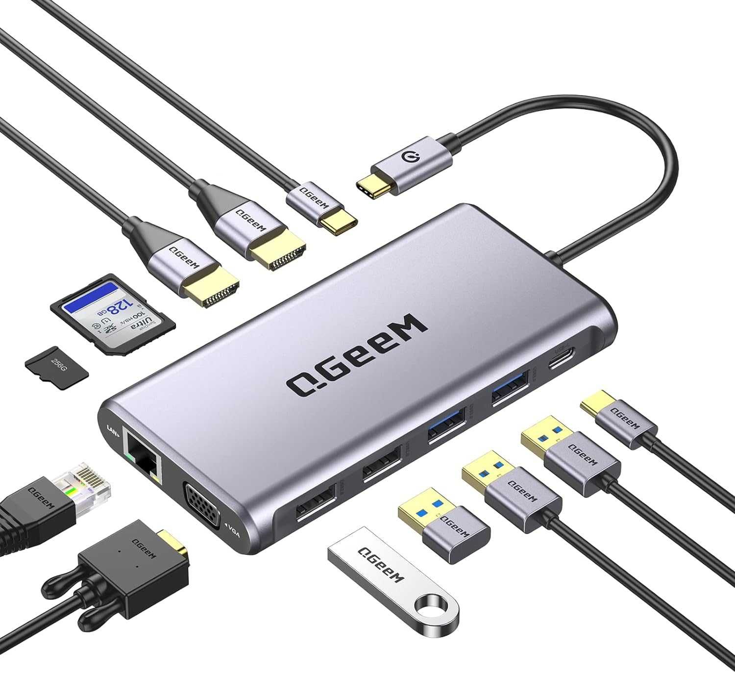 QGeeM 12 в 1 USB C Hub для ноутбука 4K Dual HDMI, VGA, PD, Ethernet