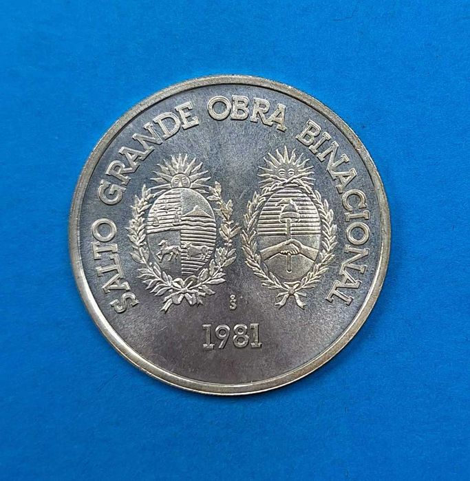 Urugwaj 100 peso 1981, zapora Salto Grande, piękny stan, srebro 0,900