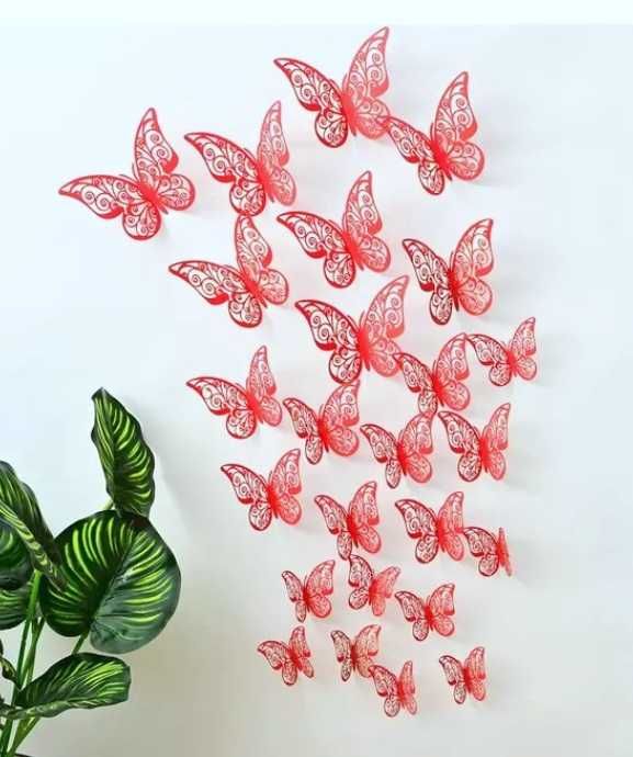 Naklejki na ścianę 3D Motyle Ażurowe Czerwone Brokat 12 szt