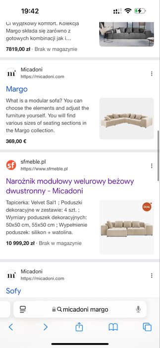 Narożnik modułowy welurowy micadoni margo XL