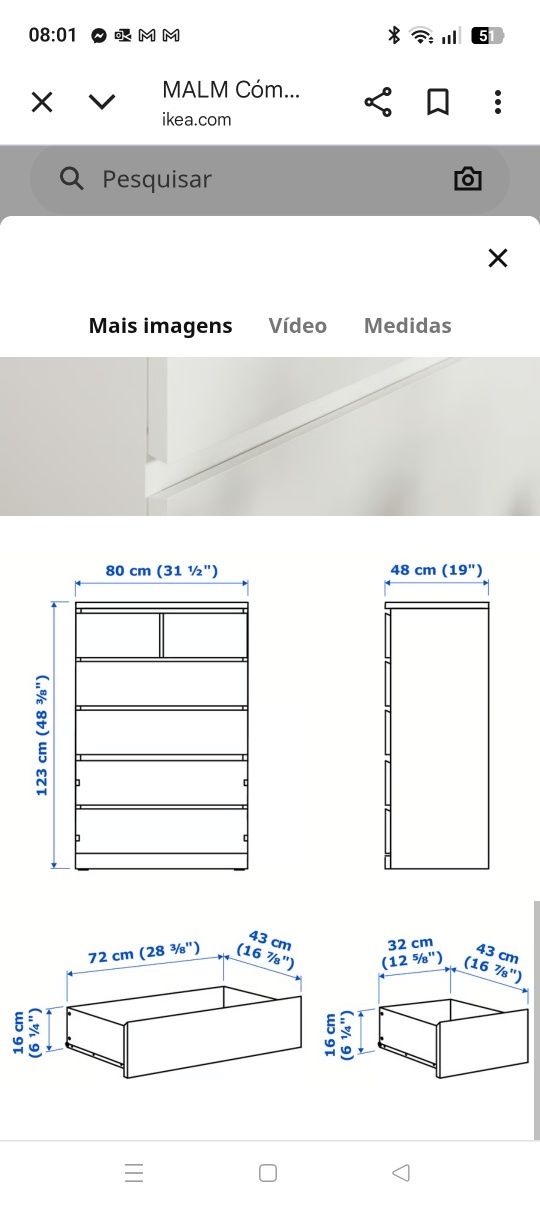 Cómoda Malm preta com 6 gavetas