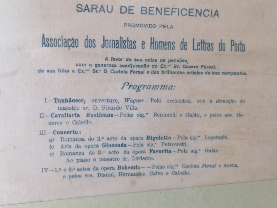 Panfleto Antigo 1901 Real Theatro de S.João Sarau de Beneficência