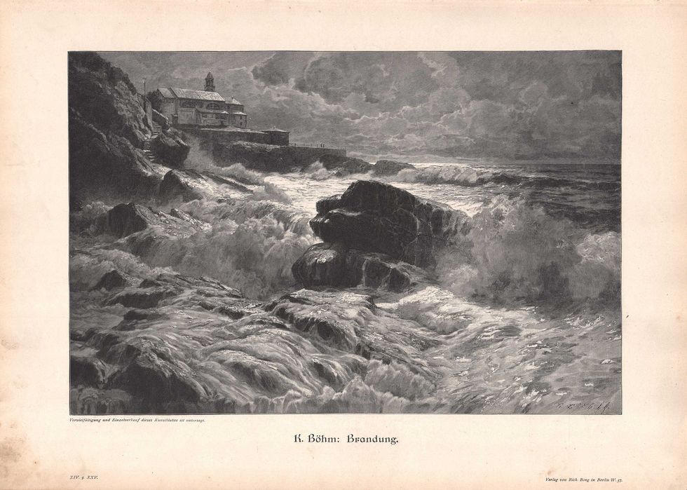 Bohm: Przybrzeżne fale. Pejzaż morski. Drzeworyt 1899 r. oryginał