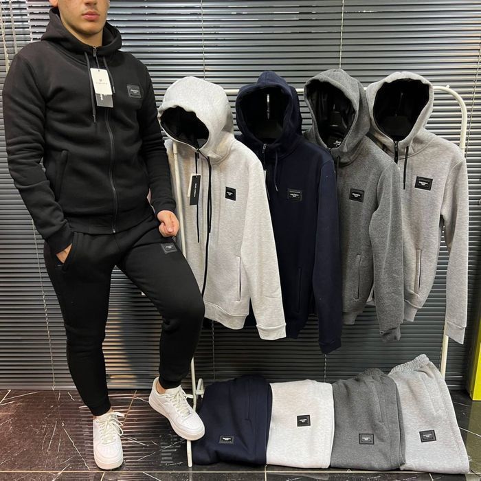 ЗИМНИЙ НА ФЛИСЕ спортивный мужской костюм зеленый черный Hugo Boss