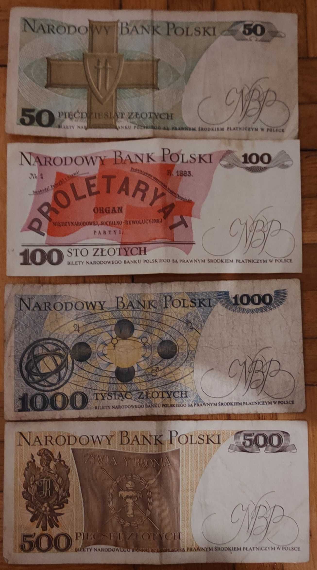 Zabytkowe pieniądze PRL zestaw 1000zł 1982r 500zł 1982r 100zł 1988r 50