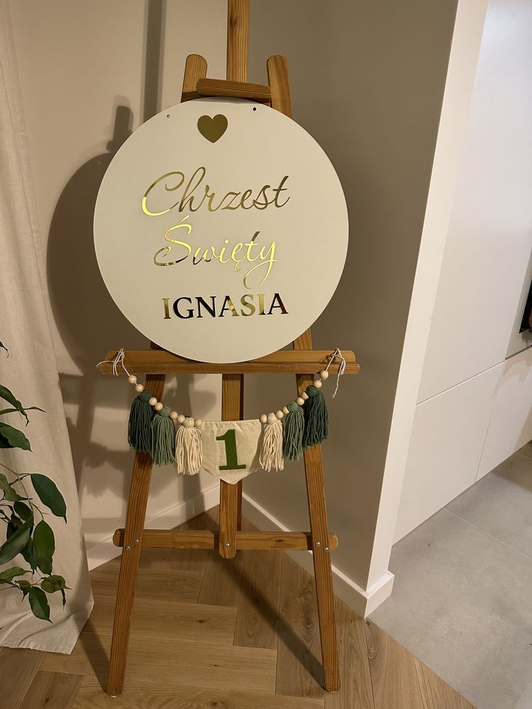 Tablica na chrzest okrągła biała złoty napis