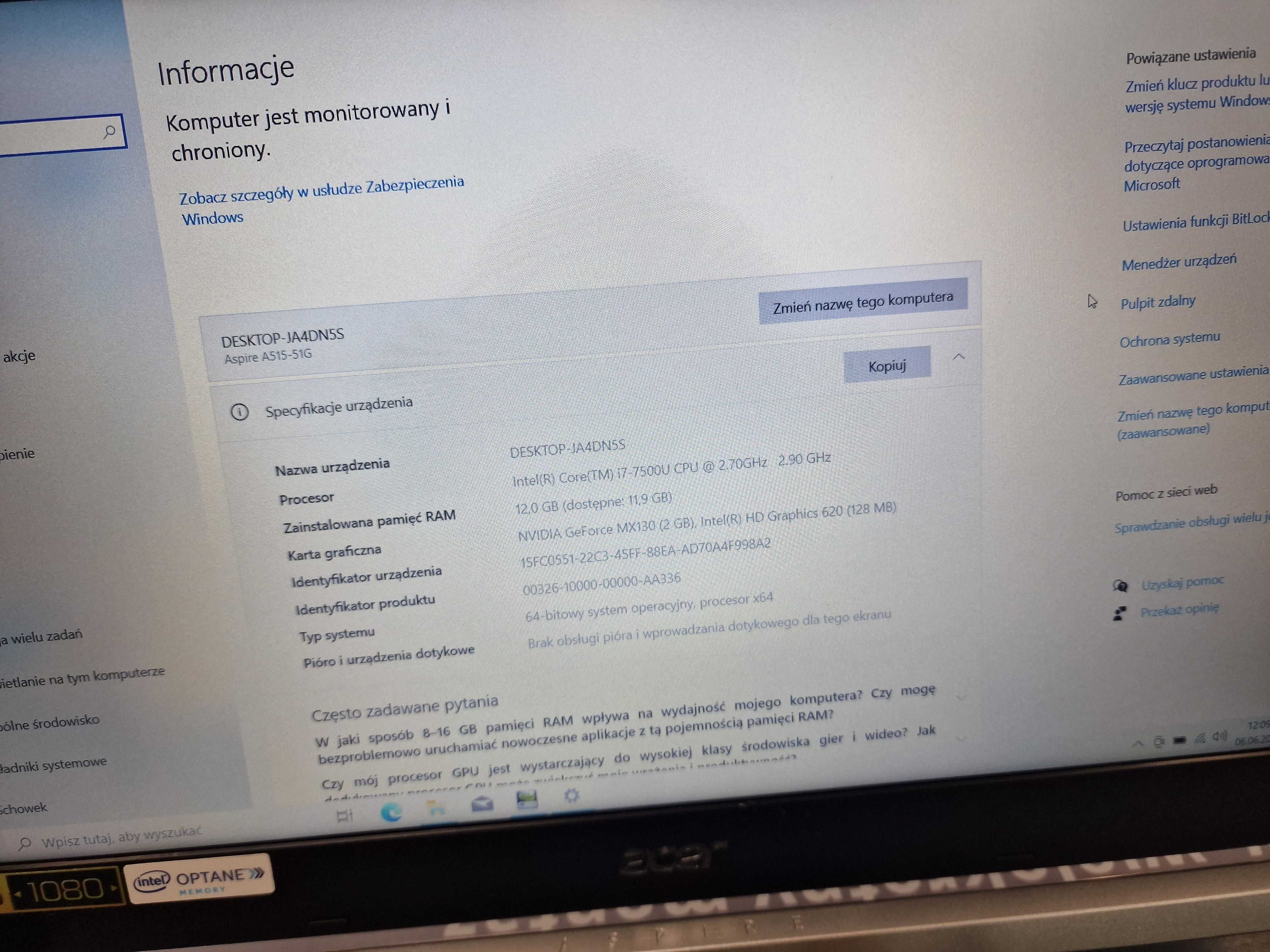 Acer Aspire 5 A515-51G/ i7-7500 2.70 GHz/ 12GB/ uszkodzona klawiatura