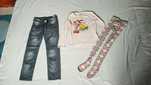 Jeansy cienkie cekiny na kieszeniach rajstopy Reserved bluzka Disney