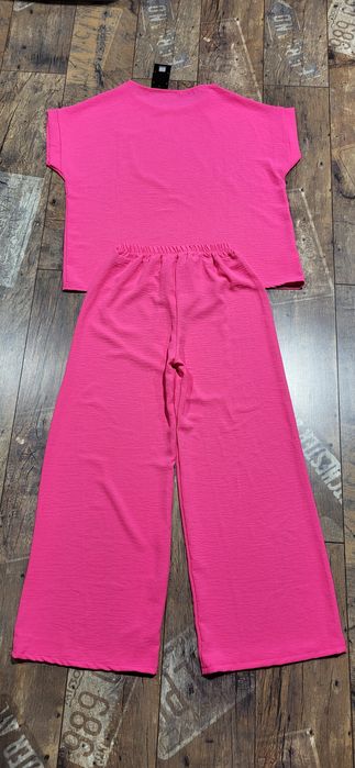 Włoski komplet damski muślinowy fuksja szerokie spodnie bluzka uni