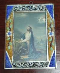 Przedwojenny obrazek w ramce z kolorowym żwirkiem 3 Jezus