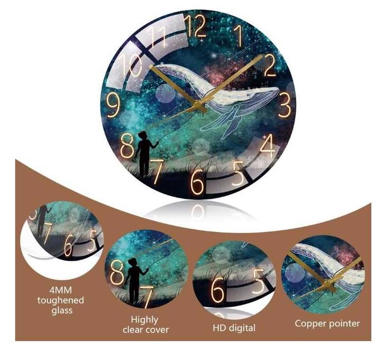 Cichy zegar ścienny, szklany, okrągły 26cm wzór wieloryb Cooltto