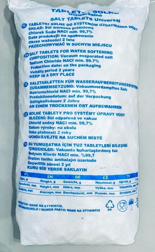 Tabletki solne 25 kg, sól do zmiękczania, uzdatniania wody