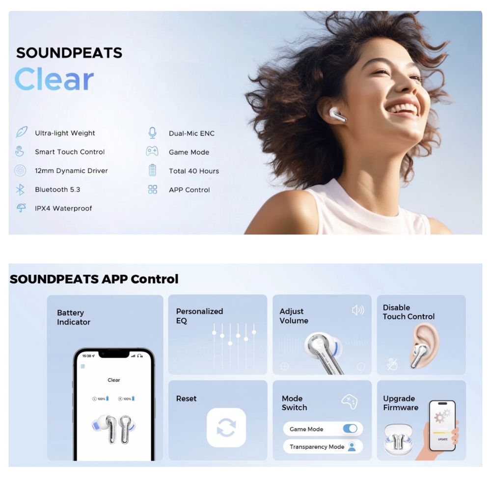 Наушники SoundPEATS Clear, Bluetooth 5.3, ENC, игровой режим, 40 часов