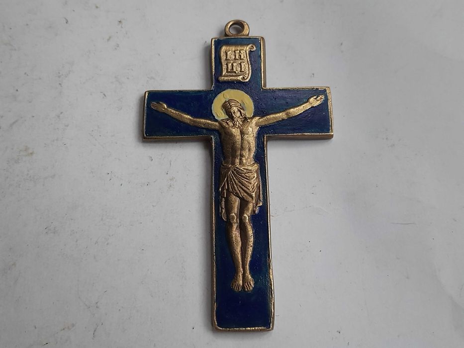 Mały krzyż greckokatolicki z Chrystusem (malowany, mosiężny)