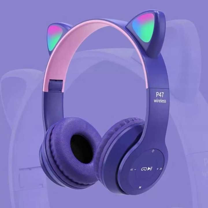 Słuchawki bezprzewodowe P47M RGB kocie uszu FIOLETOWE