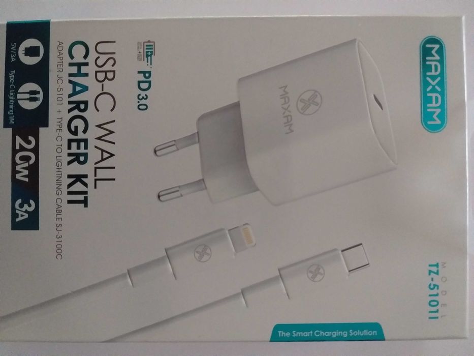 Carregador MAXAM Tipo USB-C PD 20W com Cabo Lightning 1m Branco