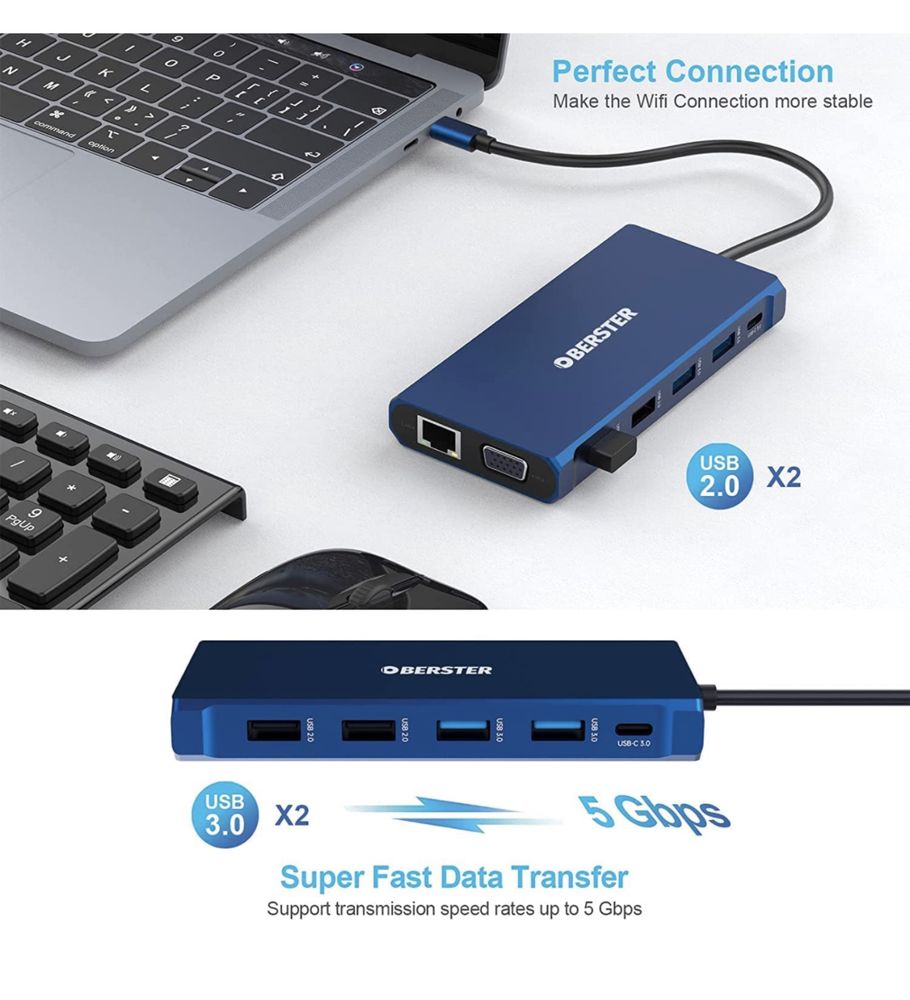 Adaptador USB para HDMI, RJ45, VGA, cartão de memória