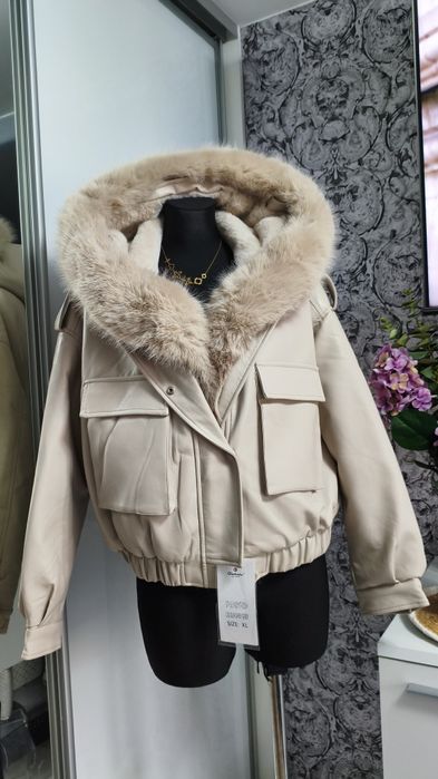 Kurtka  zimowa damska skóra beżowa nowa z metką futerko kieszenie  xl
