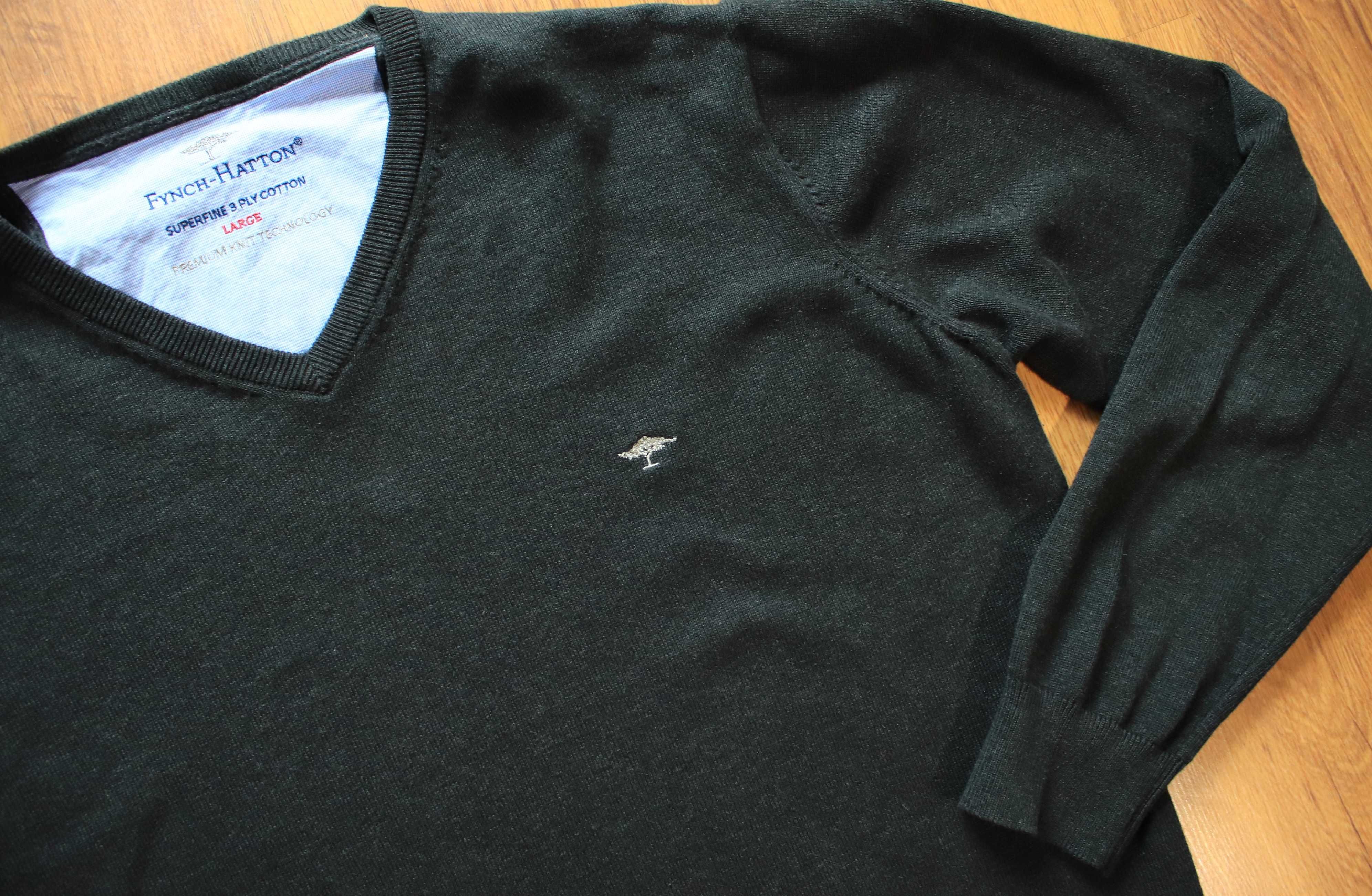 Sweter Fynch-Hatton r. L ciemny bawełniany męski dł. rękaw dekolt V