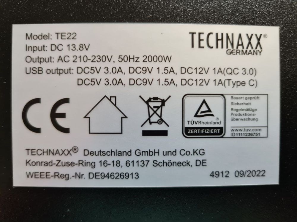 Інвертор, чиста синусоїда. Technaxx TE22 12 - 230 V Німеччиина 2-4 кВт