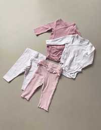 Komplet H&M różowe i białe body legginsy kropeczki paski prążki