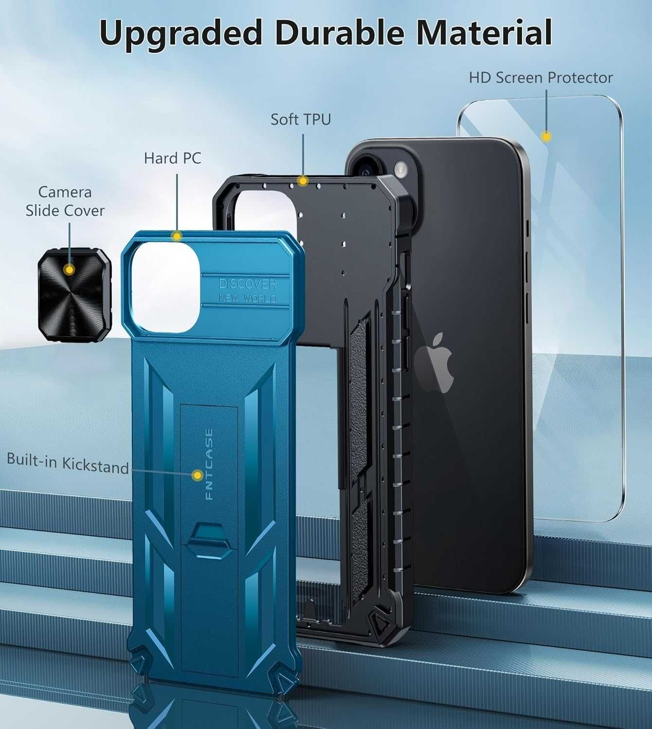 FNTCASE etui pancerne iPhone 15 Plus 14 Plus szkło stojak niebieskie
