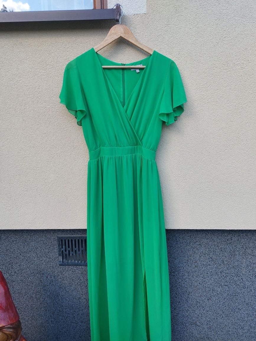 Długa zielona zwiewna sukienka maxi kopertowa dekolt V wesele chrzciny