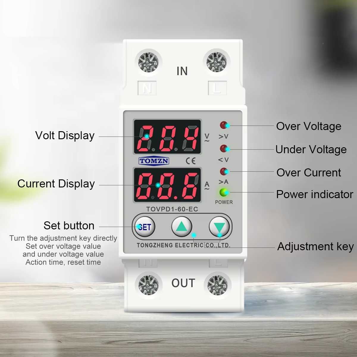 Реле напруги та струму відсікач 60A 220v TOMZN TOVPD1-60-VA