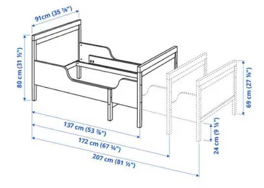 Cama extensível branca para criança com estrado e colchão