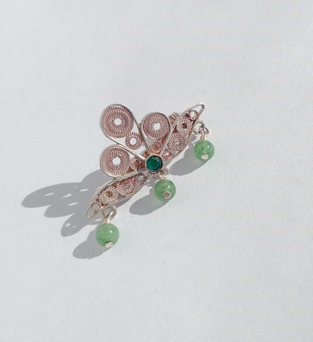 Брошка вінтажна, срібло, скань, 800 проба. Натуральні камні нефрит