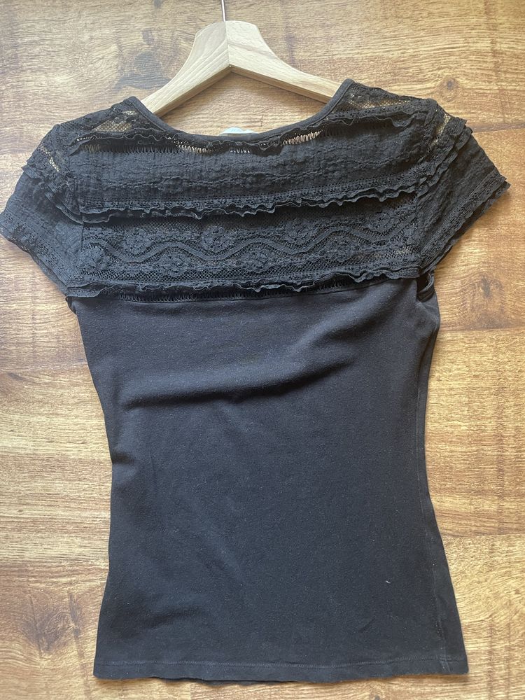 Czarna bluzka z krótkim rękawem koronka H&M 34 XS