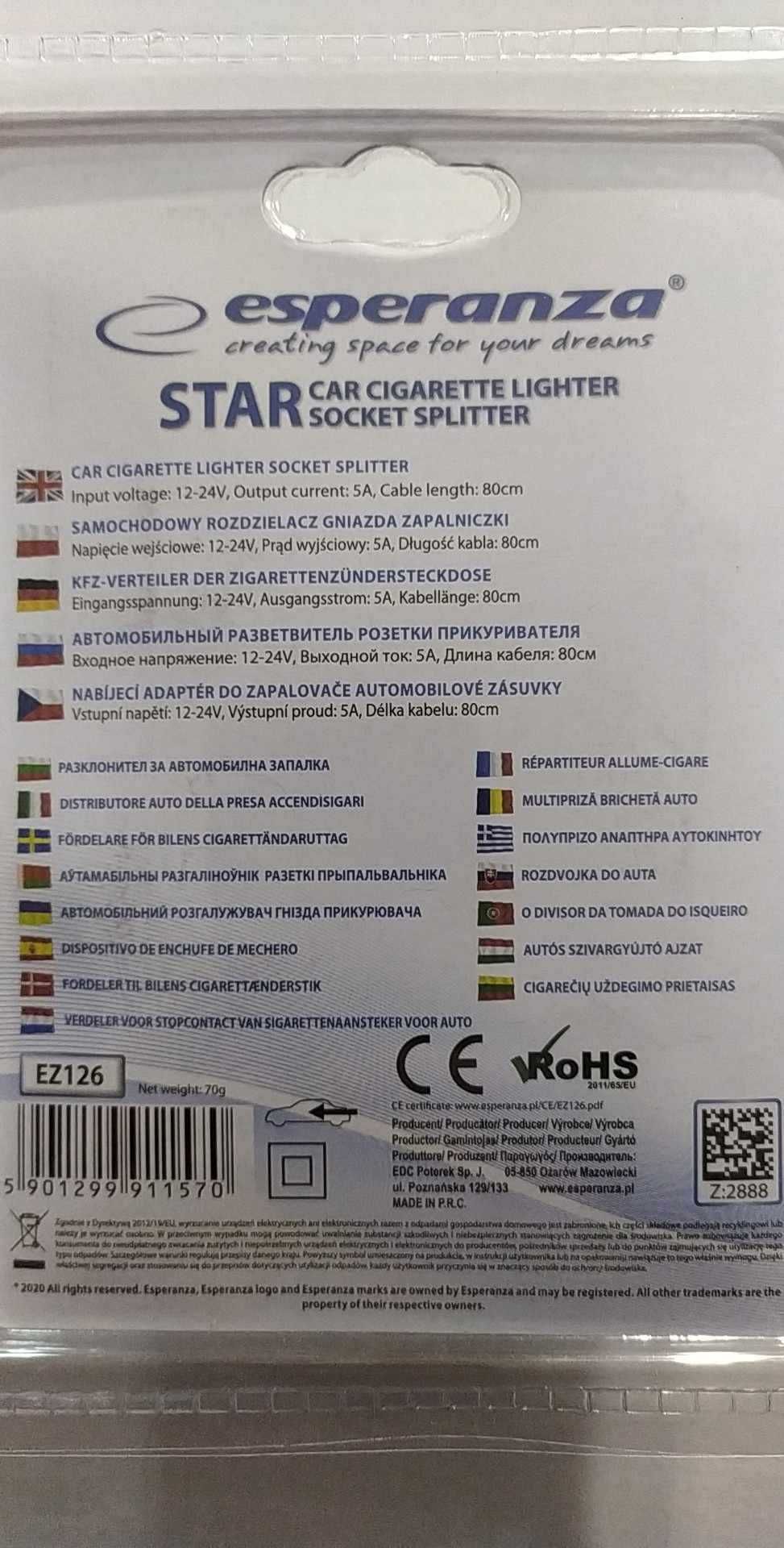 Rozdzielacz gniazdka zapalniczki samochodowej  Esperanza EZ126