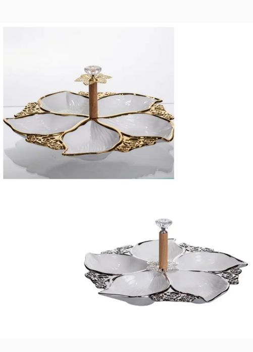 Менажниця порцелянова на 4 секції квадратна 22.5*22.5*3 , срібло.золот