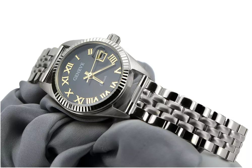 Zegarek damski z białego złota 14k z czarną tarczą lw020wdbc&lbw008w P